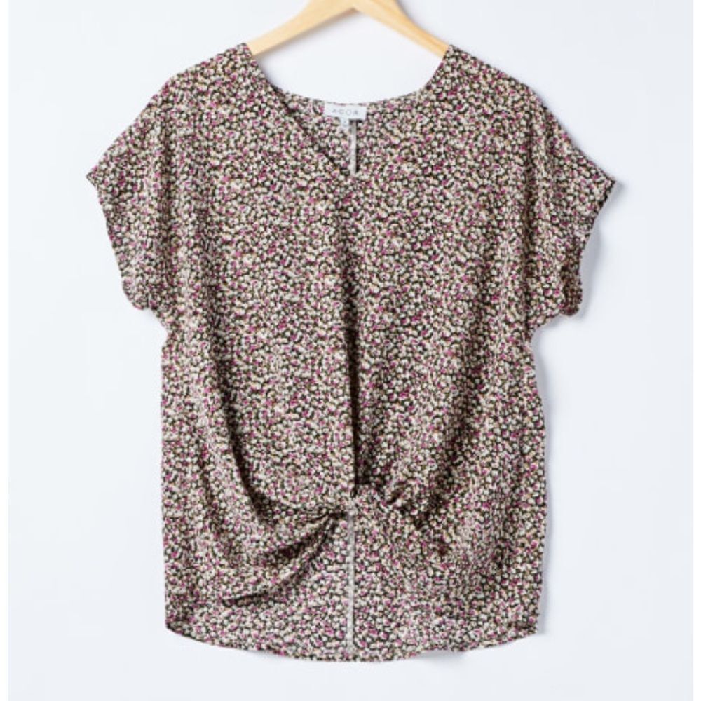 ACOA Collection Floral Woven S/S Twist Front Top Pink/Blue‎ XL Nwt